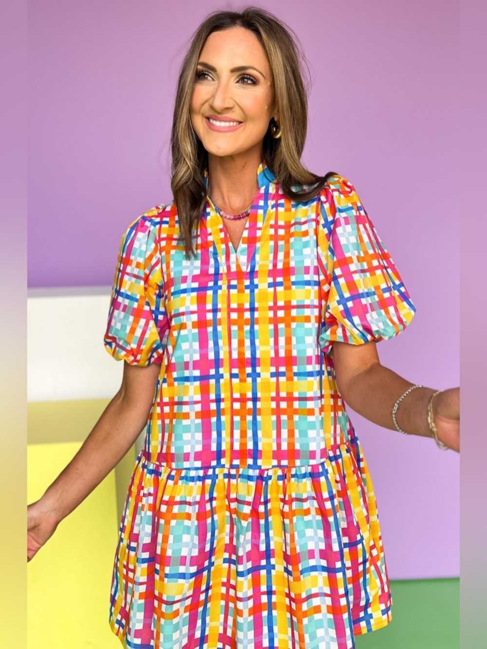 THML yellow multi gingham short puff sleeve dress size Medium whimsy Easter - Picture 4 of 8